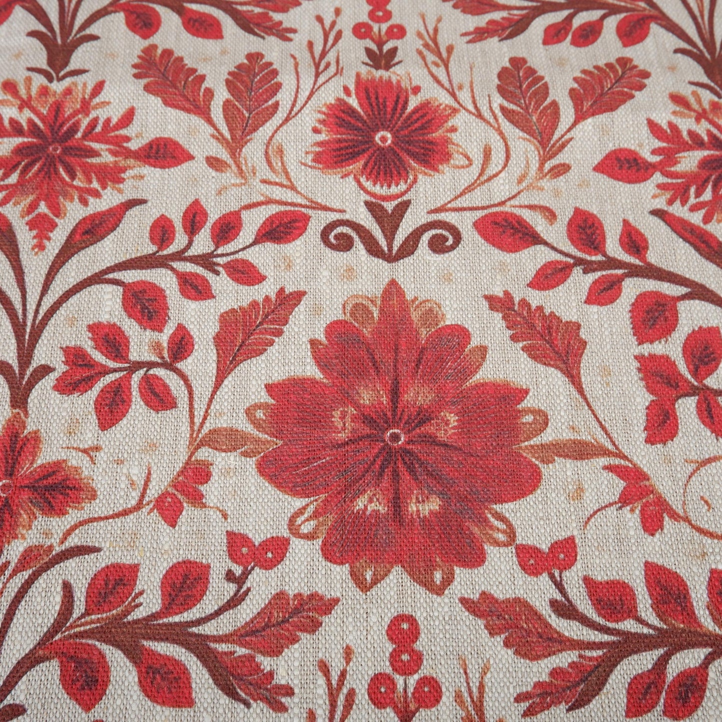 100% LINEN Fabric red floral print on oatmeal natur linen - love red flower fabric - French linen floral upholstery dress making 2036