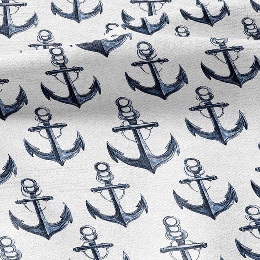 100% LINEN Fabric Anchor blue - Modern vintage coastal nautical - heavy linen fabric for upholstery home decor 2292