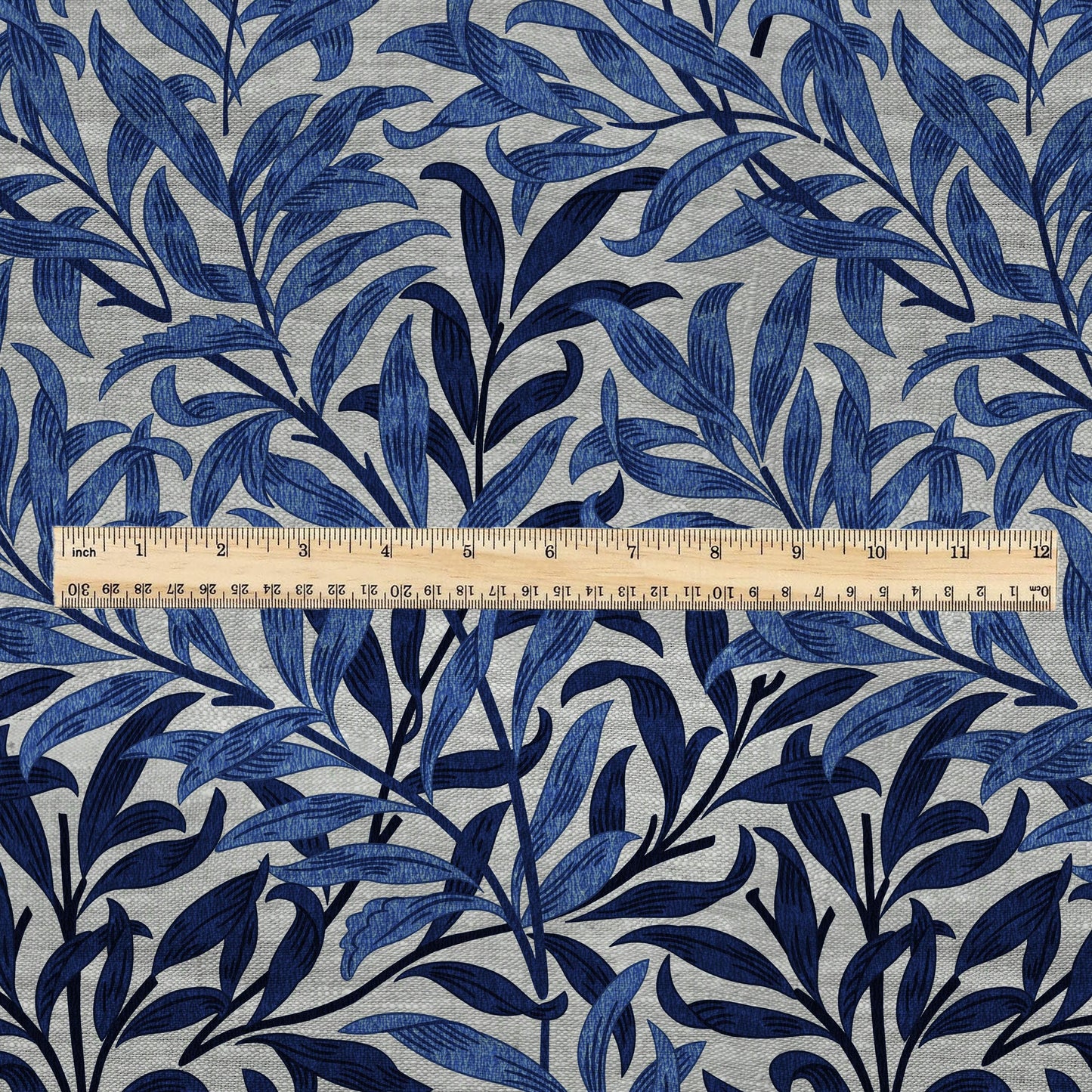 100% LINEN Fabric William Morris Bough Willow - oatmeal natur linen fabric with botanical print - Victorian Art Craft Historical blue 3212