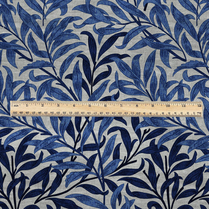 100% LINEN Fabric William Morris Bough Willow - oatmeal natur linen fabric with botanical print - Victorian Art Craft Historical blue 3212