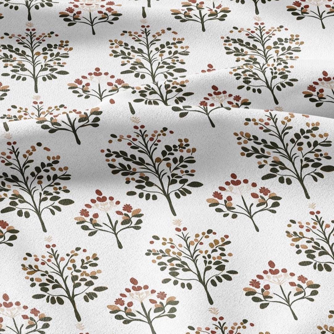 100% LINEN Fabric Block print Lotus blosoom - modern vintage botanical flower upholstery home textile artisan green yellow  white 2142