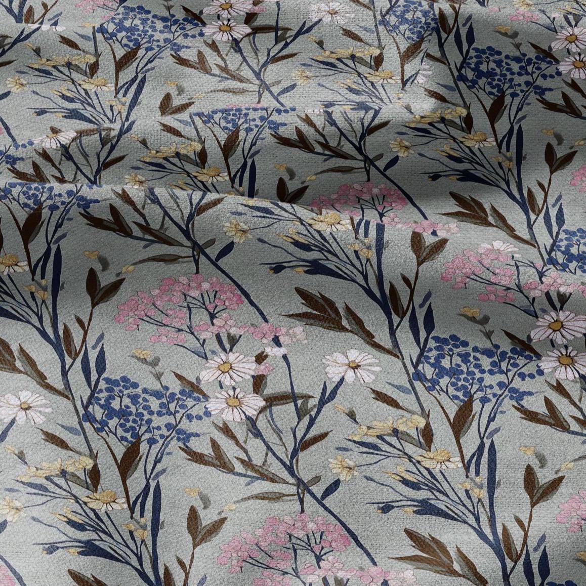 100% LINEN Fabric flowers print - Meadow botanical  upholstery home textile artisan pink gray bluee 2748