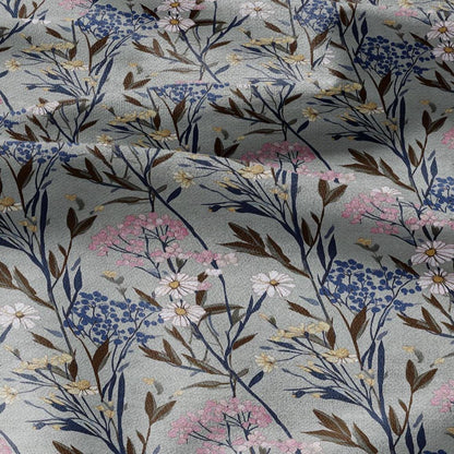 100% LINEN Fabric flowers print - Meadow botanical  upholstery home textile artisan pink gray bluee 2748