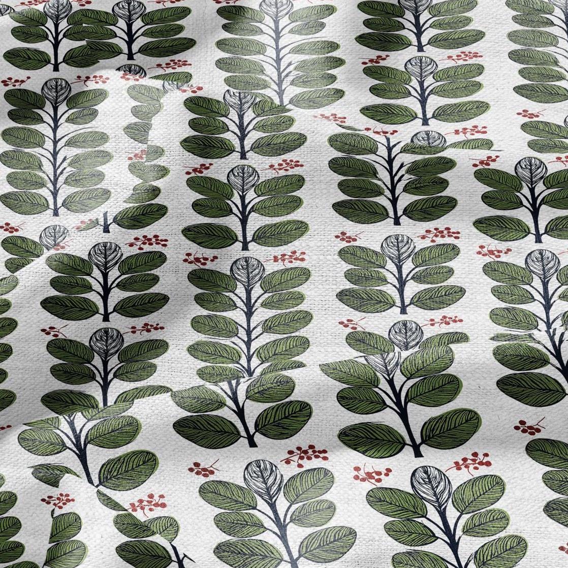 100% LINEN Fabric Swedish Valnot green leaves print - Walnut leaves botanical stripe upholstery home textile artisan green white 2749
