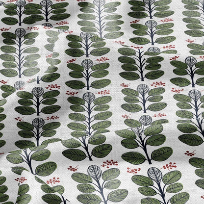100% LINEN Fabric Swedish Valnot green leaves print - Walnut leaves botanical stripe upholstery home textile artisan green white 2749