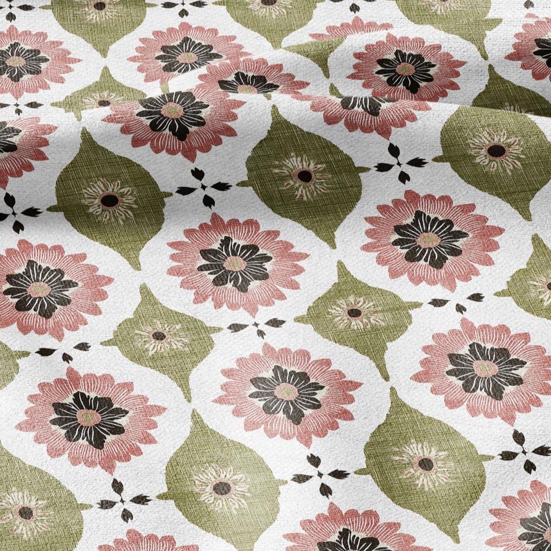 100% LINEN Fabric PInk green floral print - retro block print flower - for upholstery home decor - medium for dress making 2908