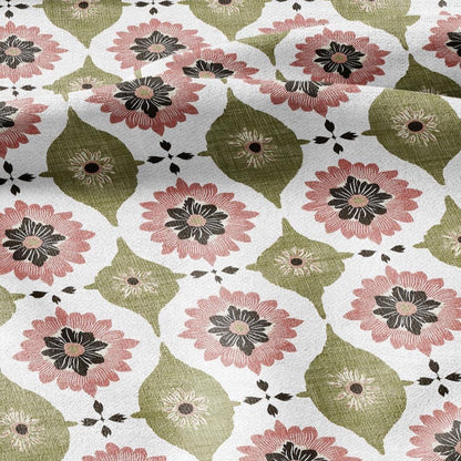 100% LINEN Fabric PInk green floral print - retro block print flower - for upholstery home decor - medium for dress making 2908