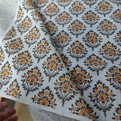 100% LINEN Fabric Floral block print mustard, heavy linen fabric with botanical print for upholstery home decor curtains cushions