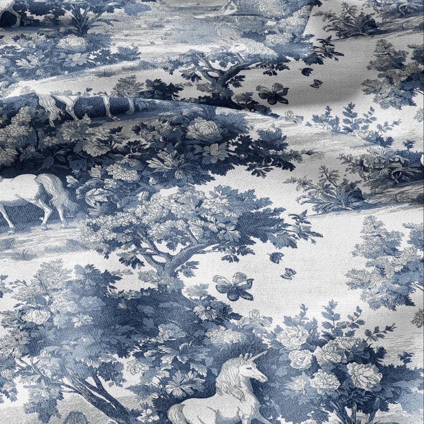 100% LINEN Fabric Unicorn - toile de jouy fairytale print heavy for upholstery home decor or medium for dress making - blue chinoiserie 2810