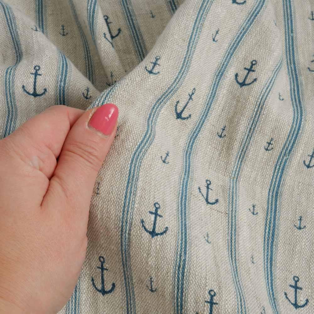 100% LINEN Fabric Anchor stripe print on oatmeal linen - Marine blue gray heavy for upholstery - medium weight linen dress making 2764