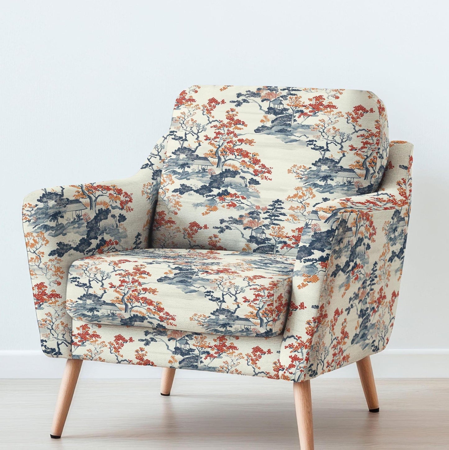 100% LINEN Fabric UPHOLSTERY 12oz - Autumn in Japan print on linen - Oriental scenery landscape - floral upholstery 357