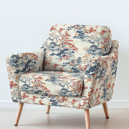 100% LINEN Fabric UPHOLSTERY 12oz - Autumn in Japan print on linen - Oriental scenery landscape - floral upholstery 357