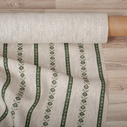 100% LINEN Fabric Striped floral print - block print green leaves on oatmeal linen for upholstery curtains dress making 2687