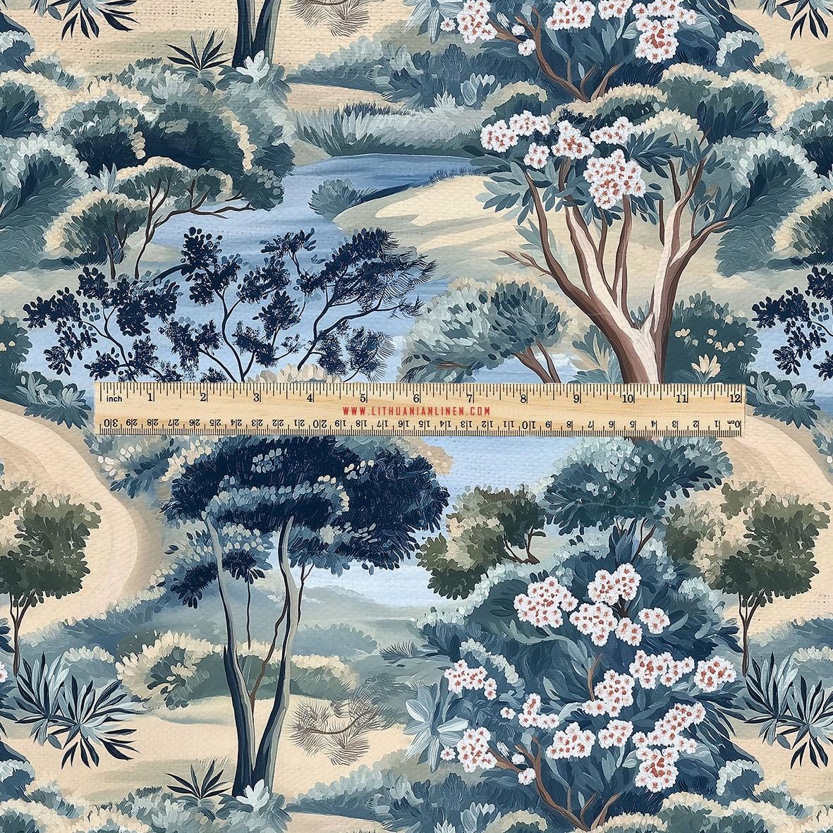 100% LINEN Fabric UPHOLSTERY 12oz - Fairy forest landscape blue green print on linen - tree blossom scenery floral upholstery 2280