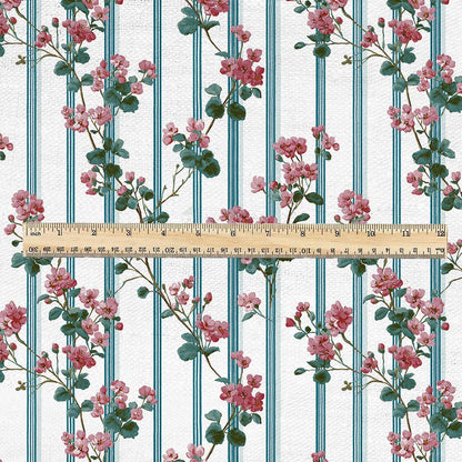 100% linen fabric floral stripe print - Vintage botanical - Historical pattern upholstery dress making 3350