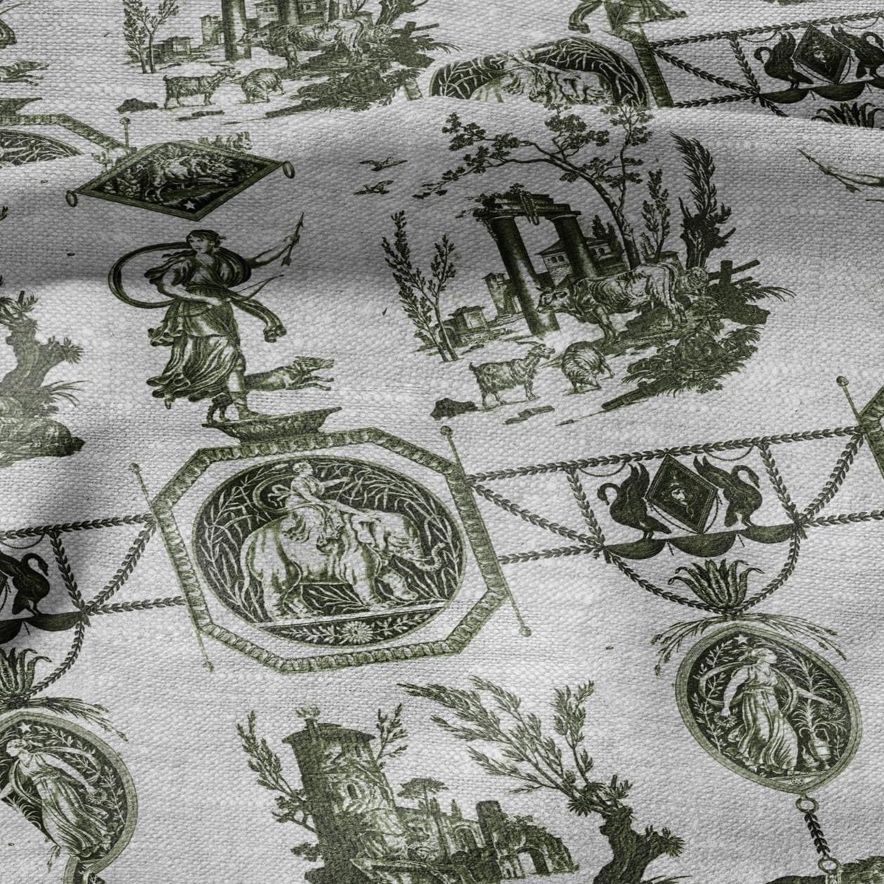 100% LINEN Fabric french green print oatmeal - Goddess Diana with Lion - toile de jouy - Diane chasseresse by Jean-Baptiste Huet 3415