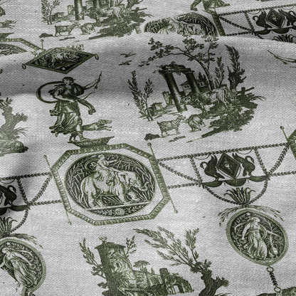 100% LINEN Fabric french green print oatmeal - Goddess Diana with Lion - toile de jouy - Diane chasseresse by Jean-Baptiste Huet 3415