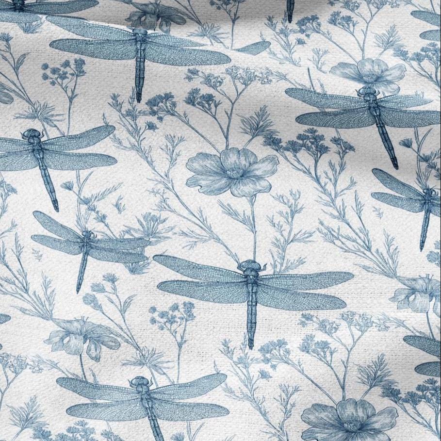 100% LINEN Fabric Dragonfly blue print  - floral upholstery home textile artisan fabrics blue white 3130