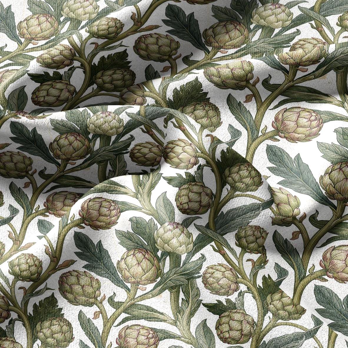 100% linen fabric Green Artichoke print - Vintage vegetable botanical  - modern vintage greenery 3361
