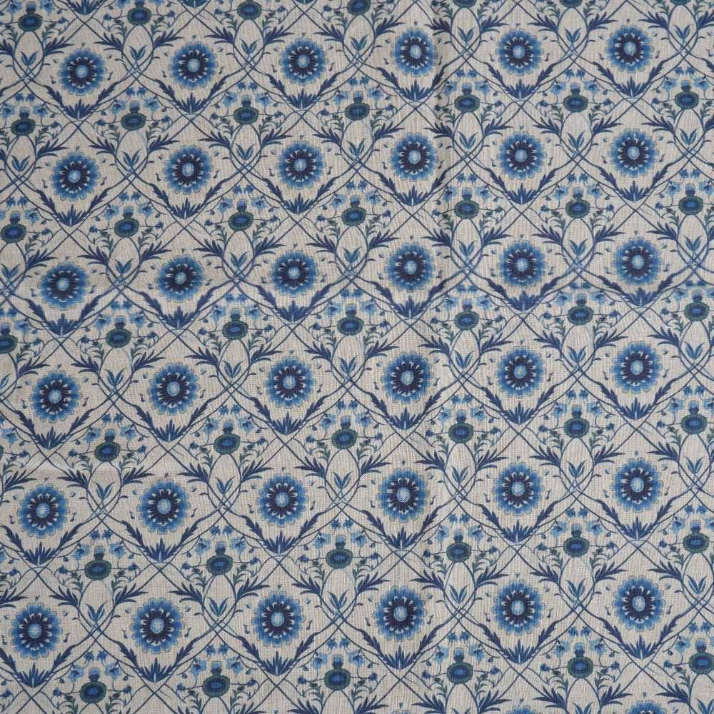 100% LINEN Fabric block print - linen with blue floral print on oatmeal - heavy linen fabric for light upholstery home decor sewing 2324