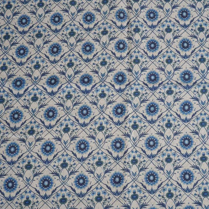 100% LINEN Fabric block print - linen with blue floral print on oatmeal - heavy linen fabric for light upholstery home decor sewing 2324