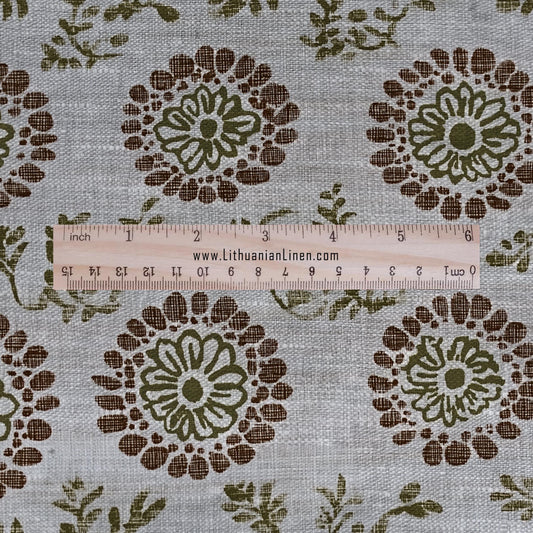 100% LINEN Fabric hand block print flowers - oatmeal natur linen fabric with black yellow print - fabric for home decor upholstery