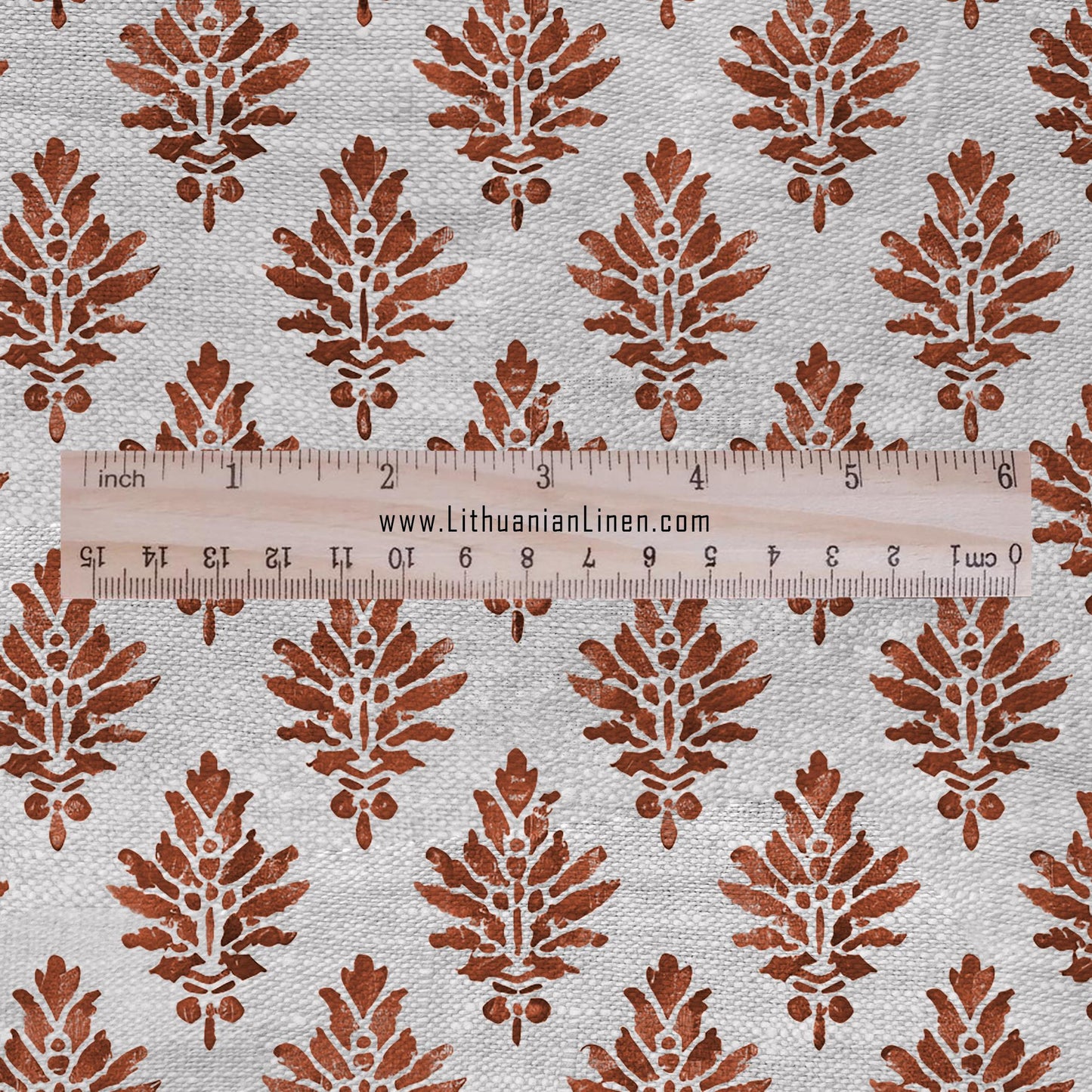 100% LINEN Fabric block print red on oatmeal linen - KENSI botanical fabric red indian block print on linen for home decor upholstery 3020