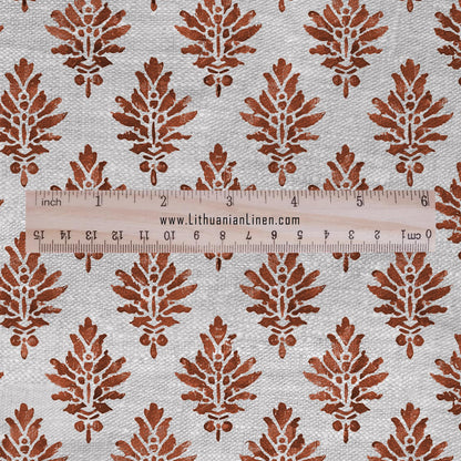 100% LINEN Fabric block print red on oatmeal linen - KENSI botanical fabric red indian block print on linen for home decor upholstery 3020