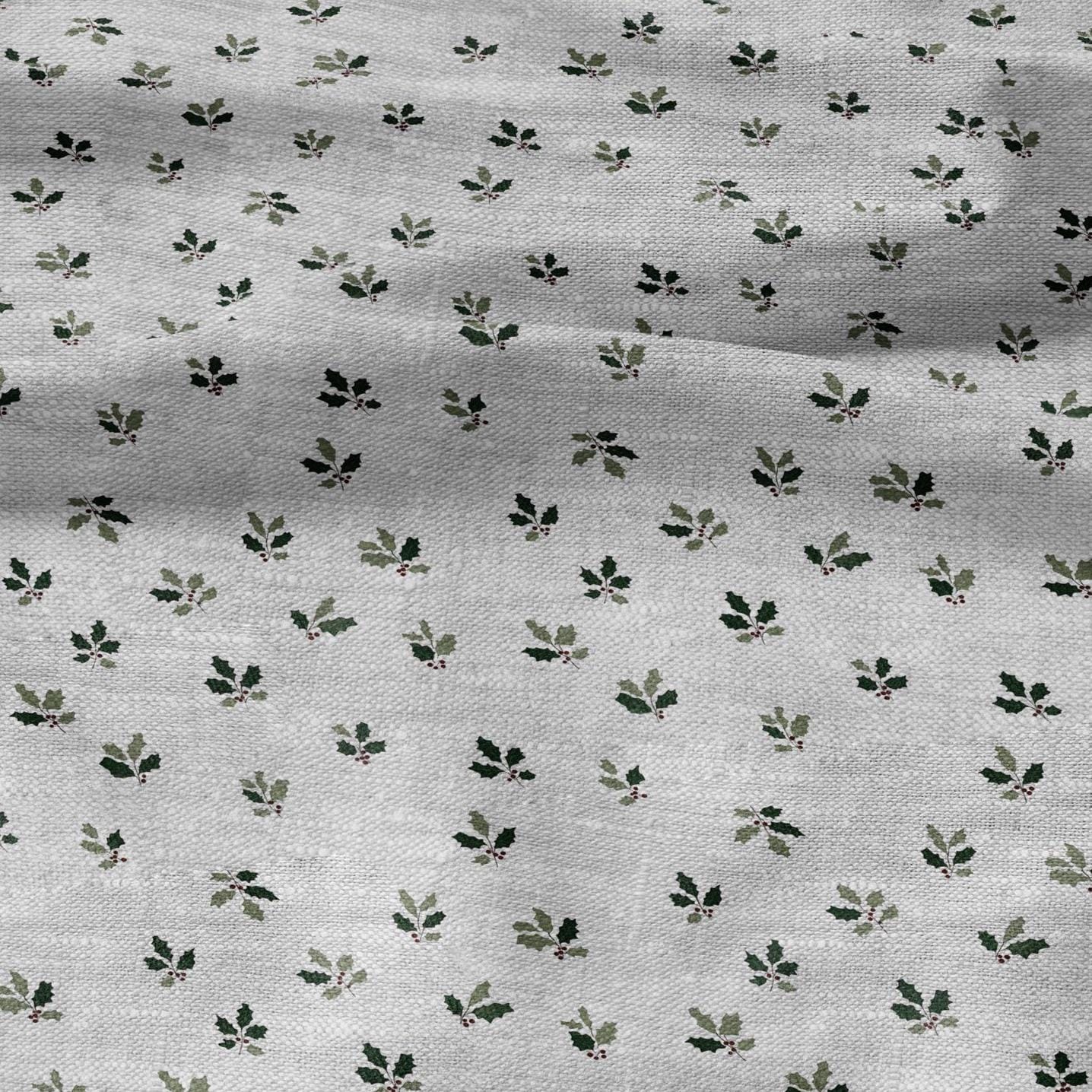 100% LINEN Fabric Green leaves on grey - oatmeal linen fabric with botanical print for upholstery home decor 3094