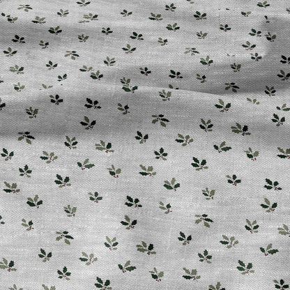 100% LINEN Fabric Green leaves on grey - oatmeal linen fabric with botanical print for upholstery home decor 3094