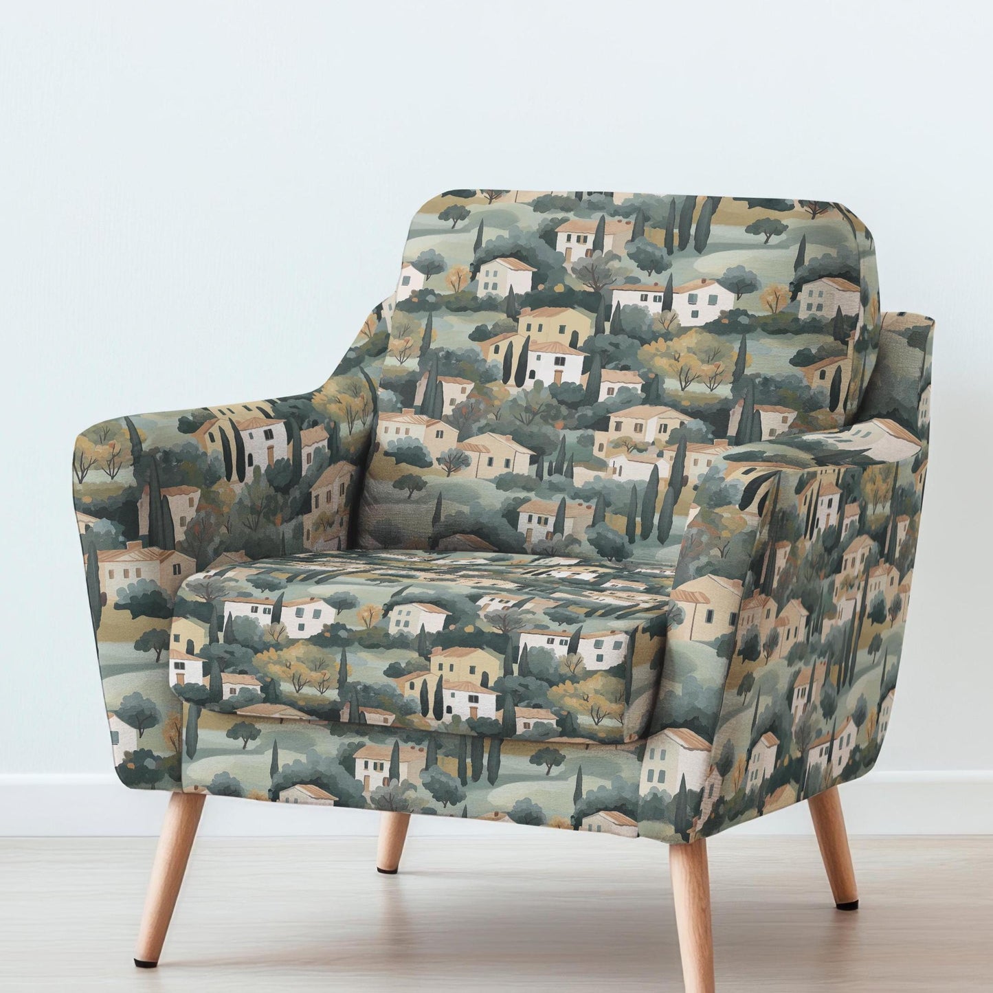 100% LINEN Fabric UPHOLSTERY 12oz - Tuscany houses print on linen - Italian scenery landscape - upholstery 2524