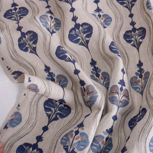 100% LINEN Fabric Waves stripe blue - Modern vintage print on oatmeal linen for home decor sewing dress clothing 2256