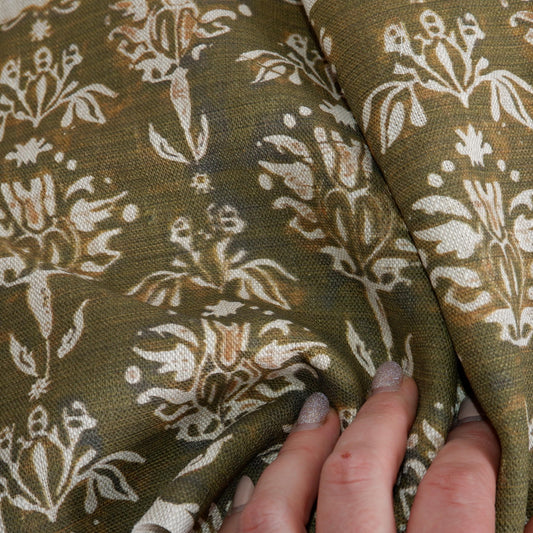 100% LINEN Fabric Military flowers - Modern vintage khaki floral block print on oatmeal linen for home decor sewing dress clothing 2319