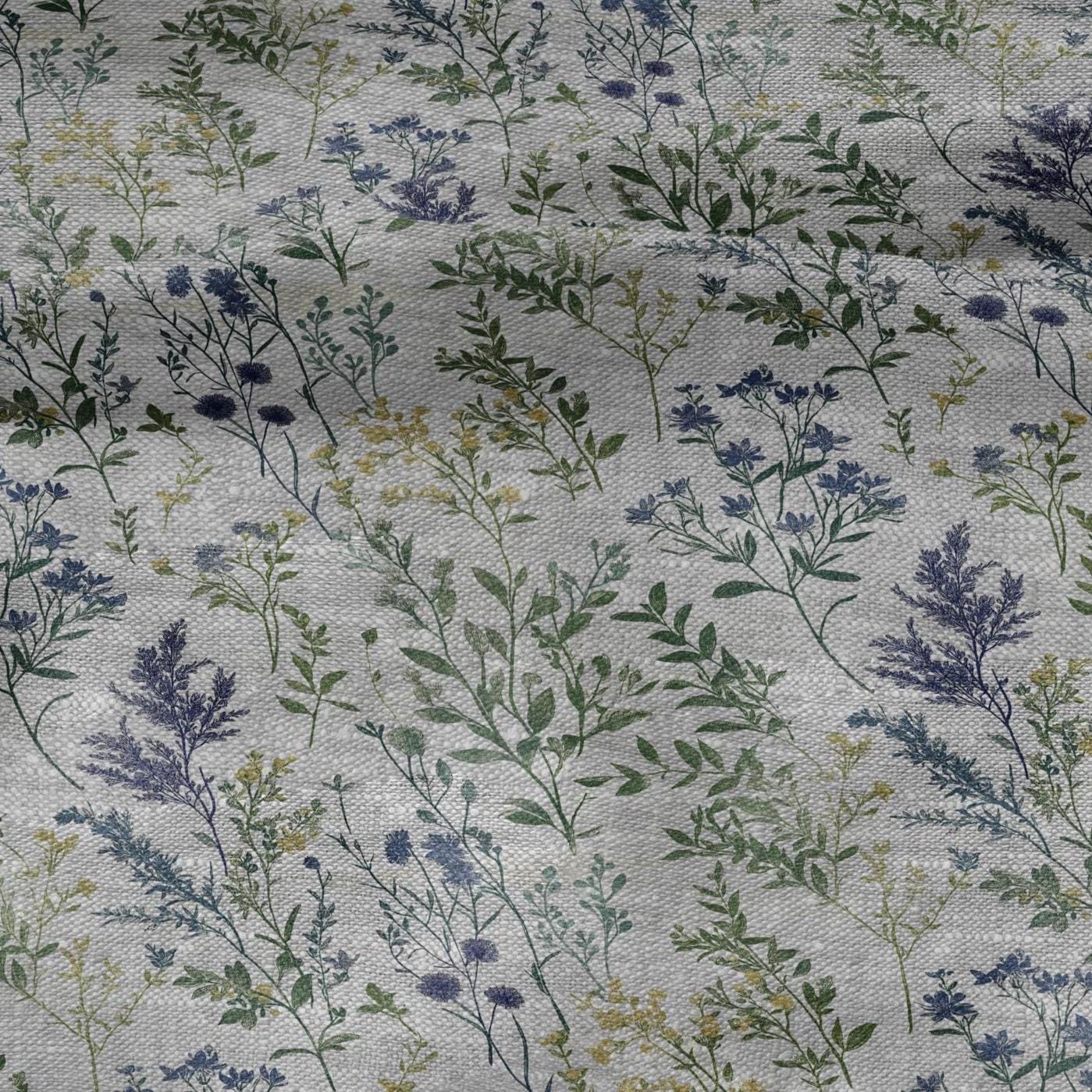 100% LINEN Fabric meadow flowers blue print - botanical floral on oatmeal linen - modern vintage 3038