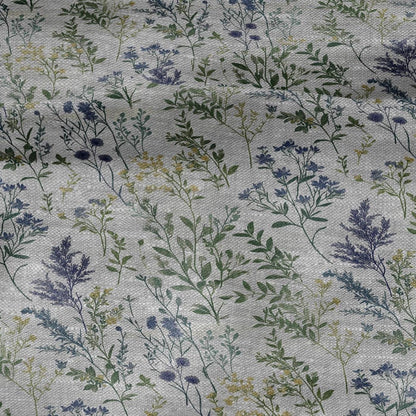 100% LINEN Fabric meadow flowers blue print - botanical floral on oatmeal linen - modern vintage 3038
