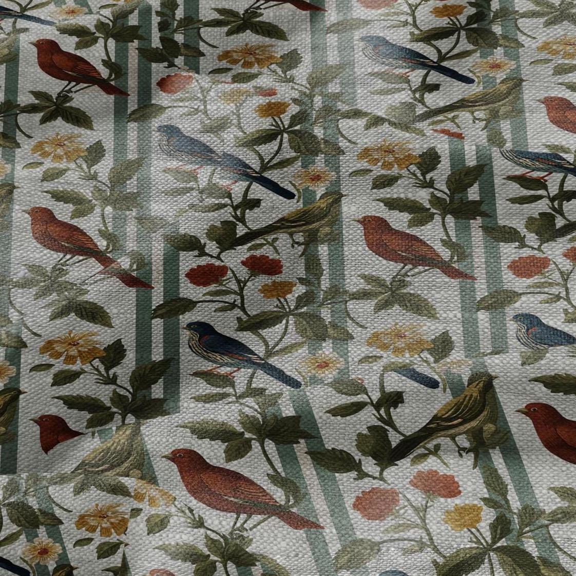 100% LINEN Fabric print Birds print - floral botanical Mid-century  print - heavy for home decor clothing 2745