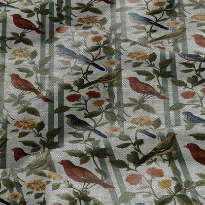 100% LINEN Fabric print Birds print - floral botanical Mid-century  print - heavy for home decor clothing 2745