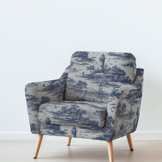 100% LINEN Fabric UPHOLSTERY 12oz - toile de jouy print Coastal - Lighthouse country side oatmeal - Modern Vintage upholstery 2787