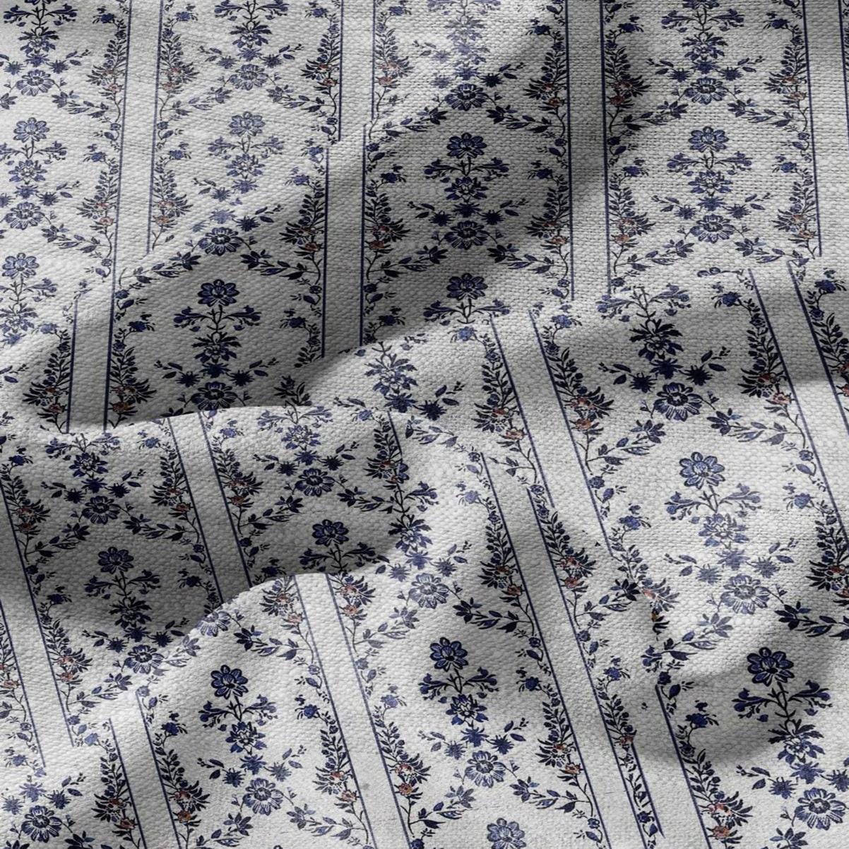 100% LINEN Fabric print Stripe floral blue print - oatmeal linen fabric withtiny flower - heavy for home decor clothing 2390