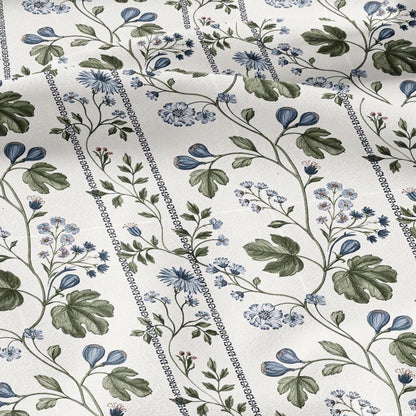 100% LINEN Fabric with floral field print - botanical preppy stripe print - linen fabric upholstery home decor dressmaking 3746