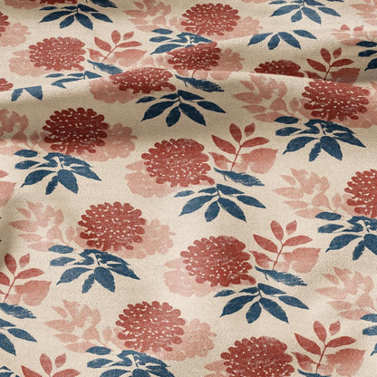 100% LINEN Fabric Ixora blossom print -  red pink floral linen heavy for upholstery home decor - medium for dress making 2805
