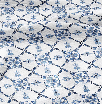 100% LINEN Fabric block print indigo blue white Swedish tile - scandinavian fabric with floral print - block print on linen