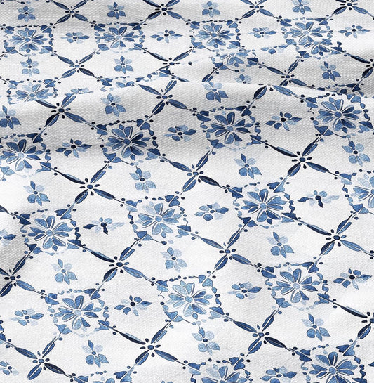 100% LINEN Fabric block print indigo blue white Swedish tile - scandinavian fabric with floral print - block print on linen