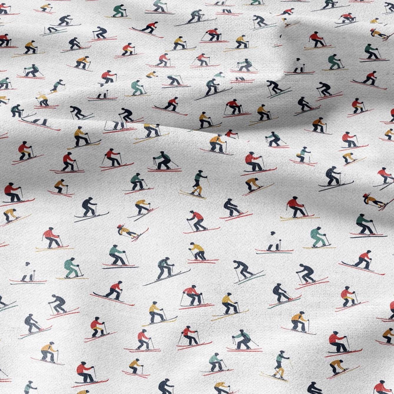 100% linen Skiers Print fabric for Curtain Upholstery Cushion - retro - for dress making sewing 2213