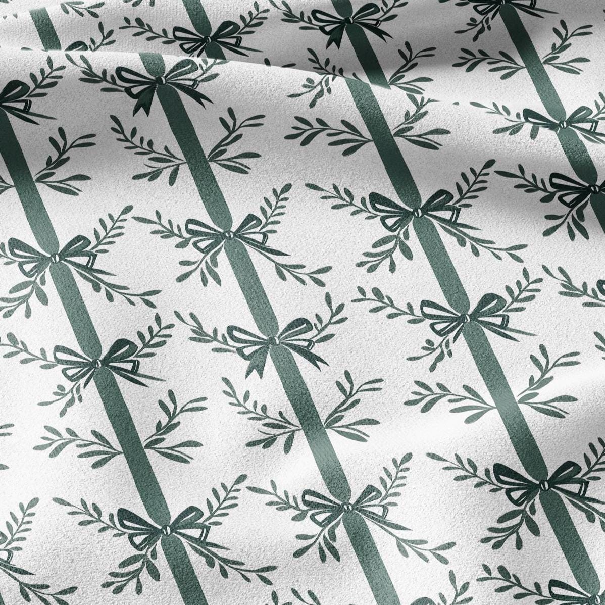 100% LINEN Fabric Green bow block print on white -  heavy linen fabric for upholstery home decor or medium for dress making 2129