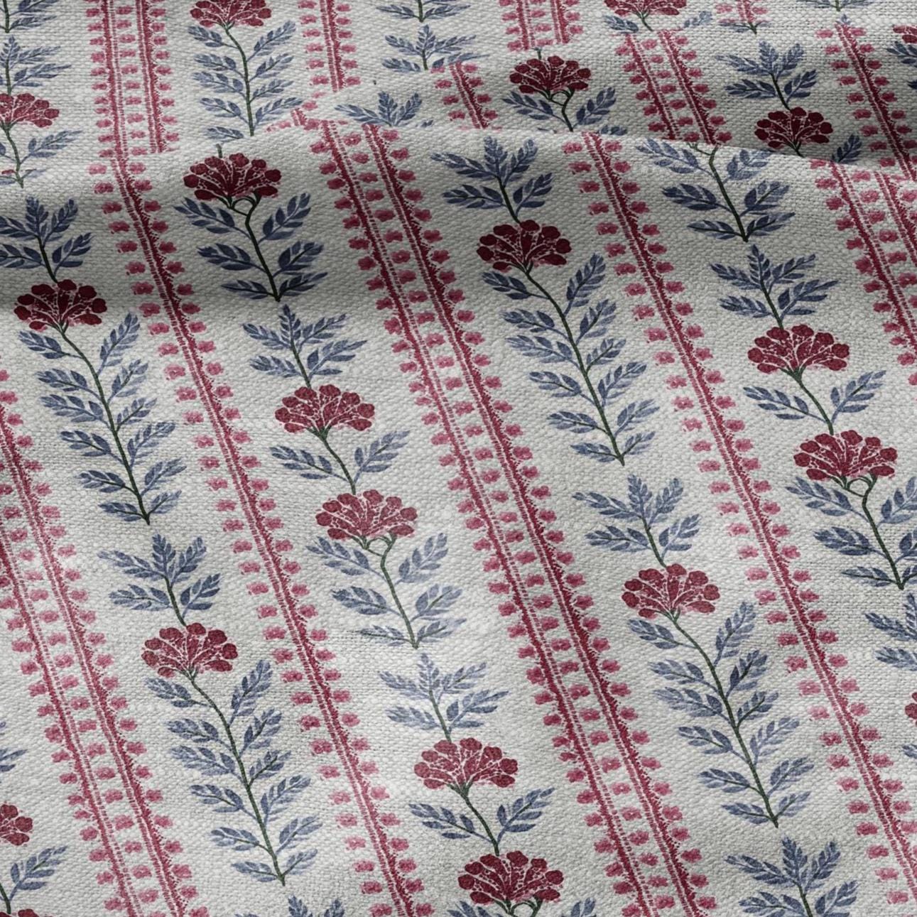 100% LINEN Fabric print Stripe red flower gray - Roses oatmeal linen fabric with botanical print - heavy for home decor clothing 3091