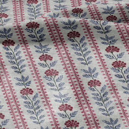 100% LINEN Fabric print Stripe red flower gray - Roses oatmeal linen fabric with botanical print - heavy for home decor clothing 3091