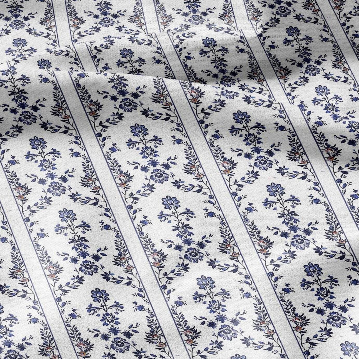 100% LINEN Fabric stripe print blue indigo flower linen - floral fabric for upholstery home decor dress making 2390