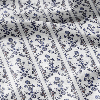 100% LINEN Fabric stripe print blue indigo flower linen - floral fabric for upholstery home decor dress making 2390