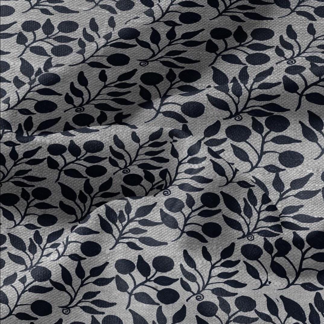 100% LINEN Fabric William Morris Rosehip navy blue gray - oatmeal linen fabric with botanical print - Victorian Art Craft Historical 3263